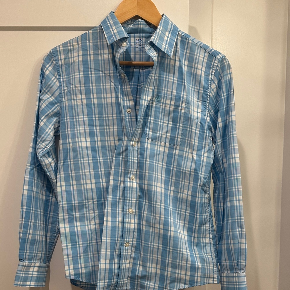 Southern Tide Blue Plaid Boys Shirt (performance)